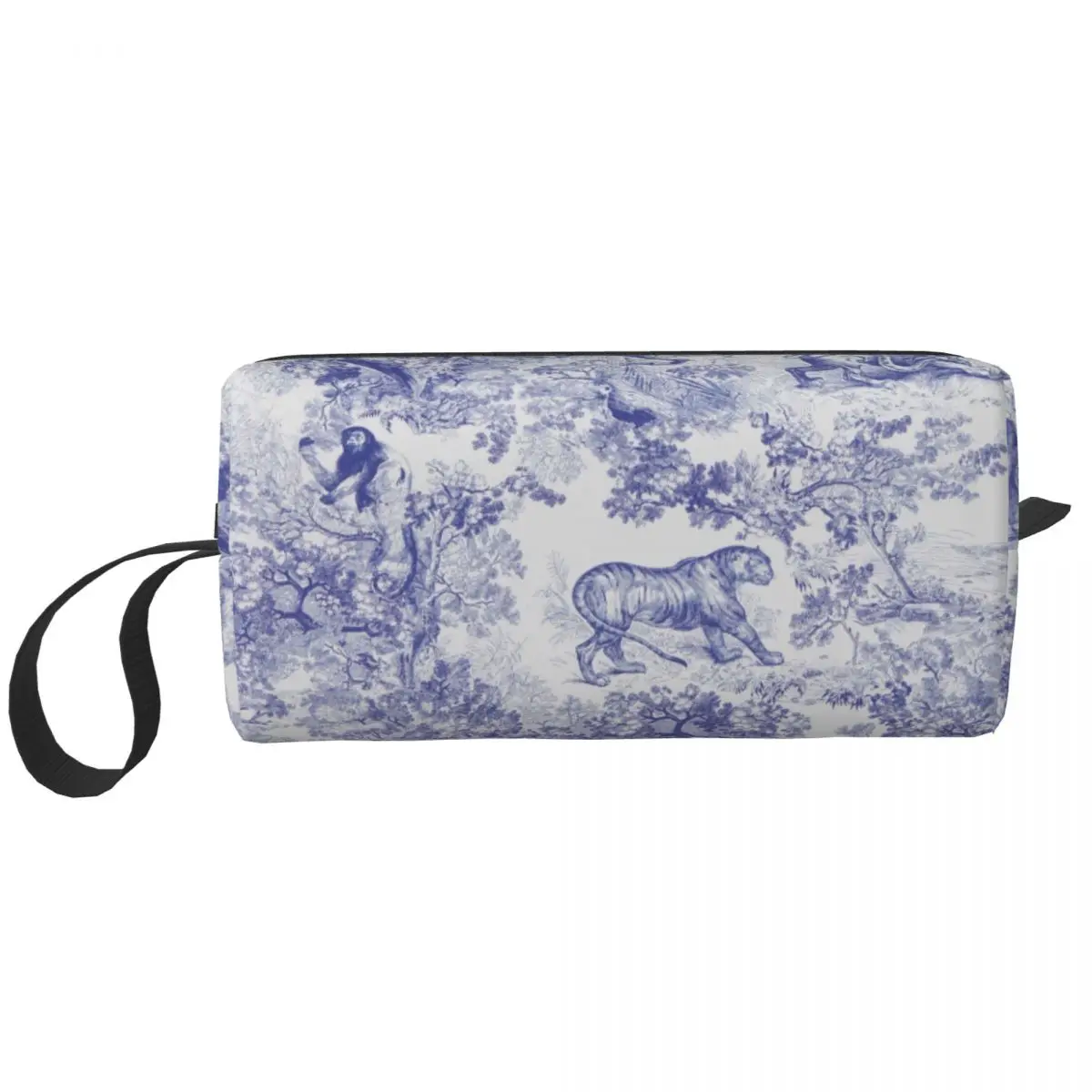 French Toile De Jouy Navy Blue Motif Pattern  Bag Portable Floral Art Cosmetic Makeup Women Beauty Storage Dopp Kit Box