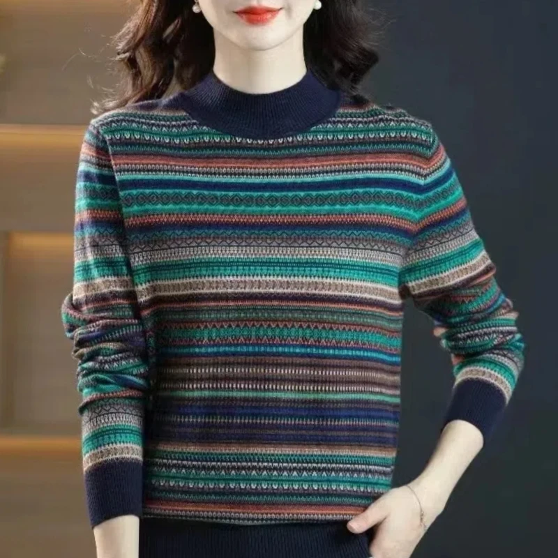 Temperament Autumn/Winter Sweaters Women\'s Half High Collar Striped Contrast Color Fashion Long Sleeve Pullovers Knitted Tops