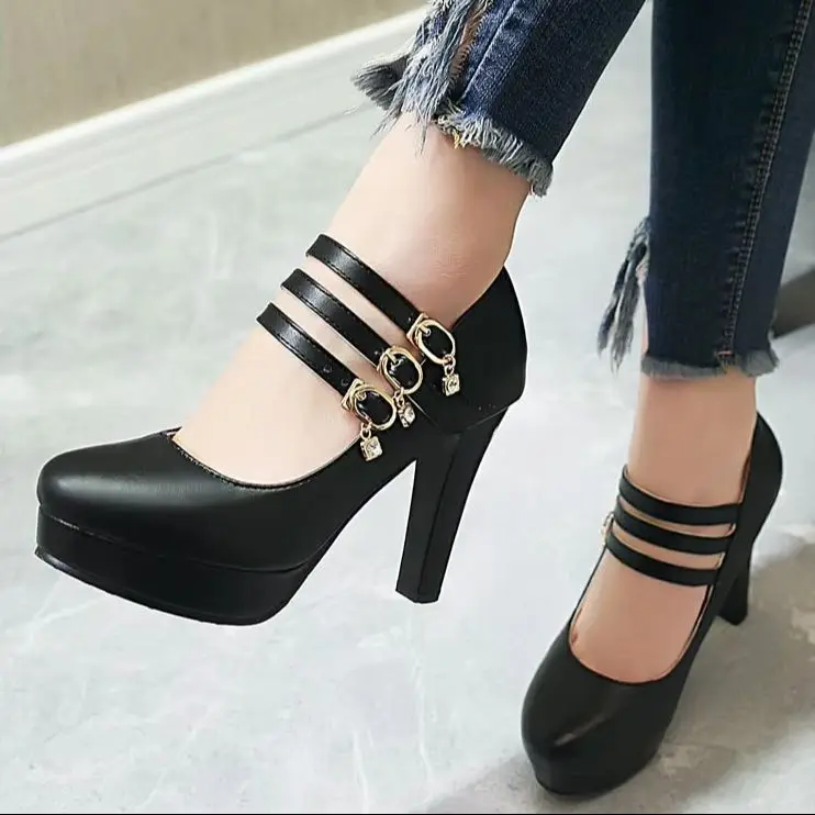 EAGSITY Tiny size platform pumps shoes stiletto heel mary jane women high heel shoes block heel chunky heel shoes party