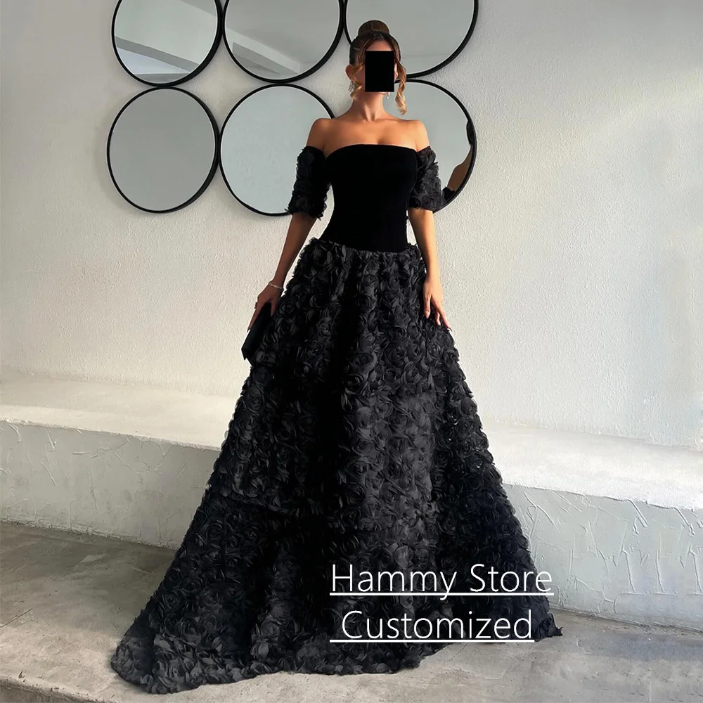 Schwarzes Abendkleid mit Rosenblüten-Spitze, Partykleider, maßgeschneidert, schulterfrei, U-Boot-Ausschnitt, Sweep-Zug, saudi-arabisches Abendkleid
