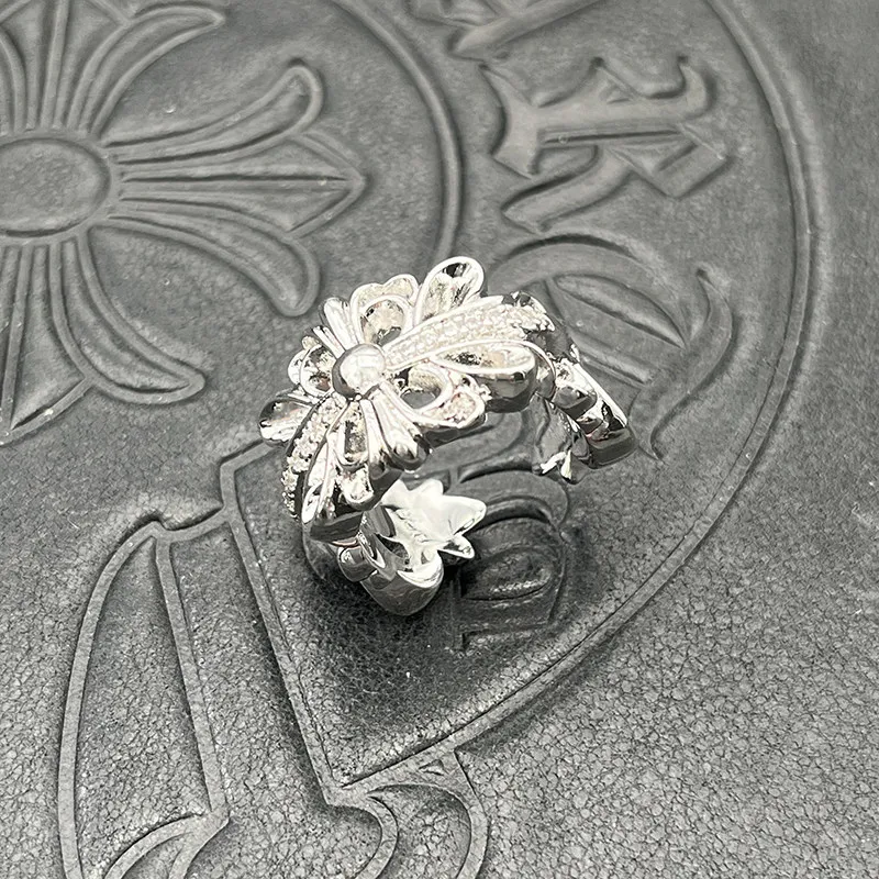 

S925 sterling silver, white gold with diamonds, open cross flower ring, men's and women's personality, domineering classic