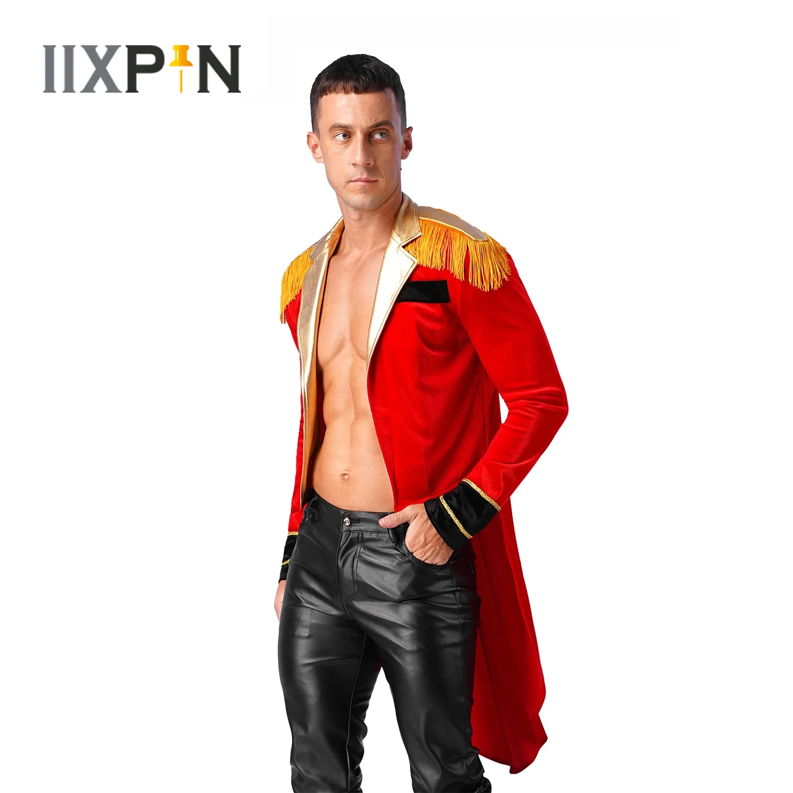 

Mens Halloween Party Cosplay Circus Ringmaster Costume Metallic Lapel Showman Jacket Tailcoat Tassel Velvet Swallow-Tailed Coat