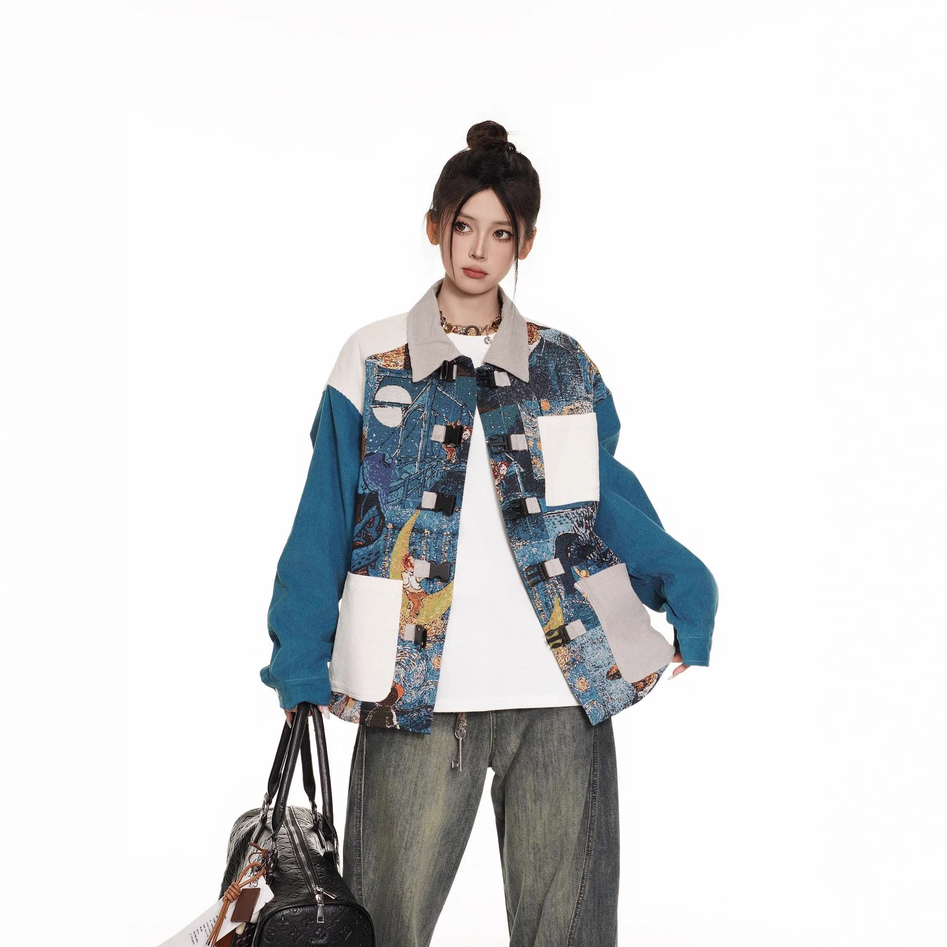 

2026 New Cross Border American Retro Oil Painting Print Jacket Women's Heavy Duty Buttons Design Sense Lapel Coat