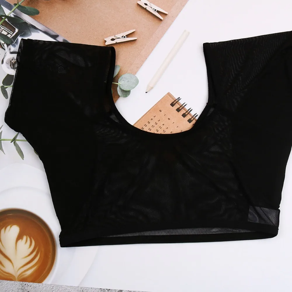 Transparent Mesh Ultra-thin Vest Absorbent Deodorant Pad Women T-shirt Washable Sweat Proof Under Top With Underarm Sweat Pads
