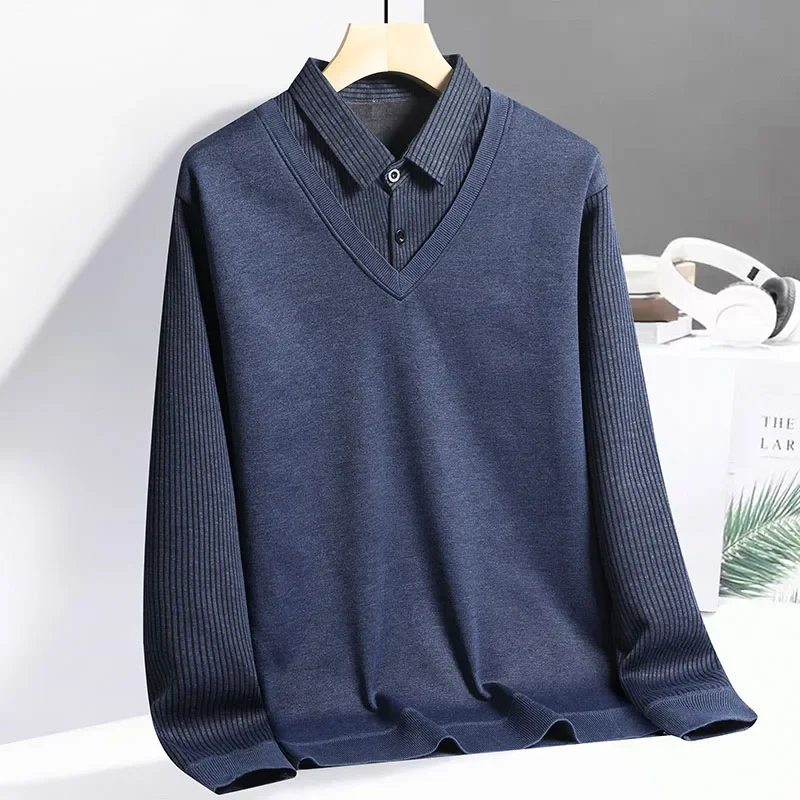 Mens Fake Waistcoat Knitted Pullover Shirt Collar Thick Thermal Fleece Lined Striped Long Sleeve Versatile Office Outdoor Top