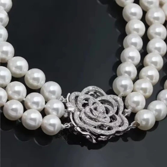 New 3-Row Peony Flower Necklace AAAA7-8mm Fashion Natural Japanese Round Pearl Necklace Miniature Laying Zircon 925s16-17-18inch