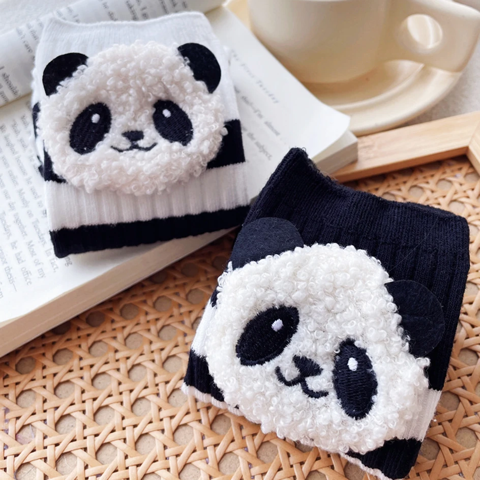 Cute Cartoon Panda Socks Women Kawaii 3D Plush Animal Stockings Female Fashion Striped Cotton Socks Harajuku Autumn Winter Socks