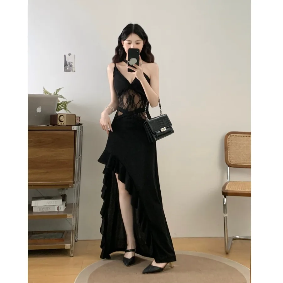 

【HOT】Summer new style lace neck-hanging dress feminine irregular split bag hip skirt tube top skirt
