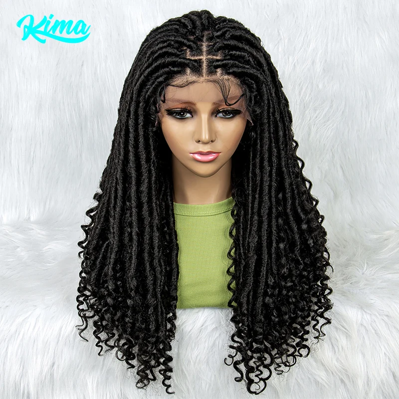 

20 Inches Synthetic Box Braided Wig Lace Front Afro Dreadlocks Wig Curly Ends Faux Locs Crochet Braiding Hair For Black Women