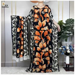 2023 African Summer Short Sleeve Dress With Big Scarf Print Floral Cotton Loose Caftan Lady Maxi Muslim Casual Dresses Vestido