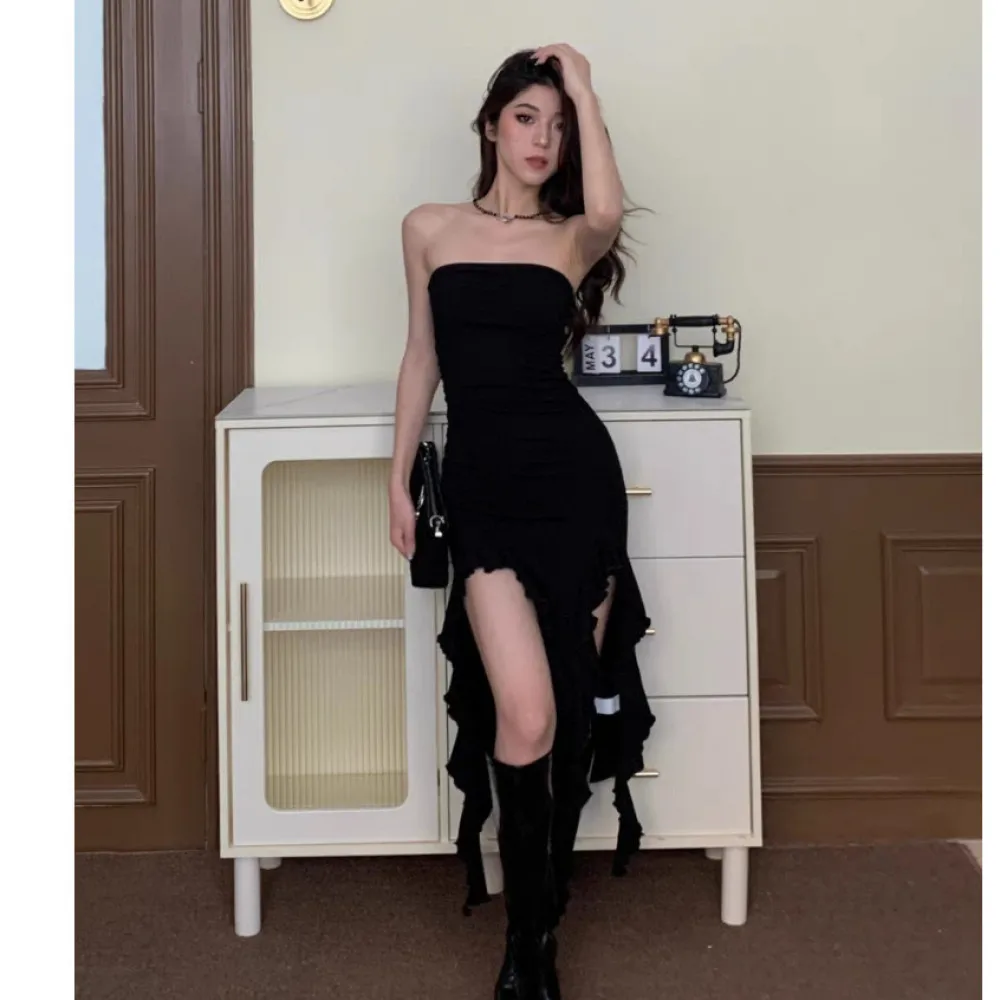 

SylCue сексуальное длинное платье без бретелек женское с открытыми плечами и открытой спиной с оборками и разрезами подол горячие девушки в уличном сексуальном стиле обтягивающие платья