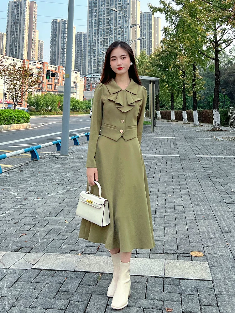 

Модный комплект из топа и юбки для похудения для женщин, винтажный осенний комплект из смеси хлопка с широким подолом, оригинальный дизайн