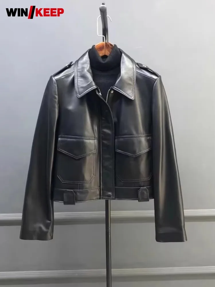 

Куртка женская из натуральной кожи с отложным воротником, новая весенняя модная укороченная куртка-карго, в стиле хай-стрит панк, мотоциклетная куртка из овчины