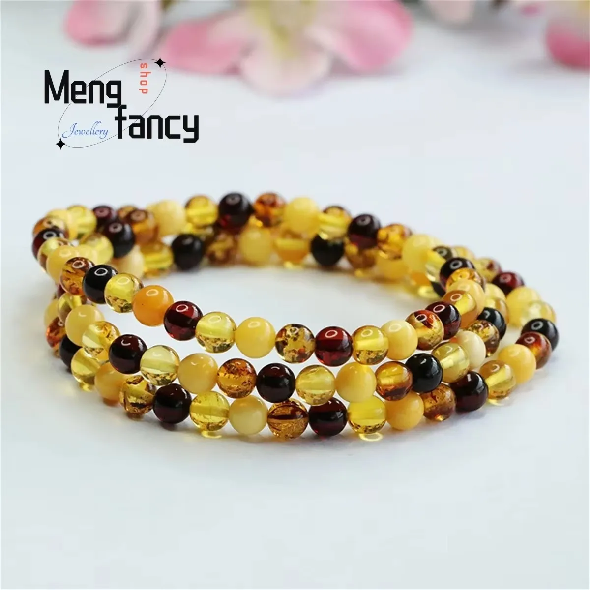 Natural Amber Honey Wax Flower Pearl Multi-circle Beads Bracelet Simple Generous Personality Retro National Style Men Women Gift
