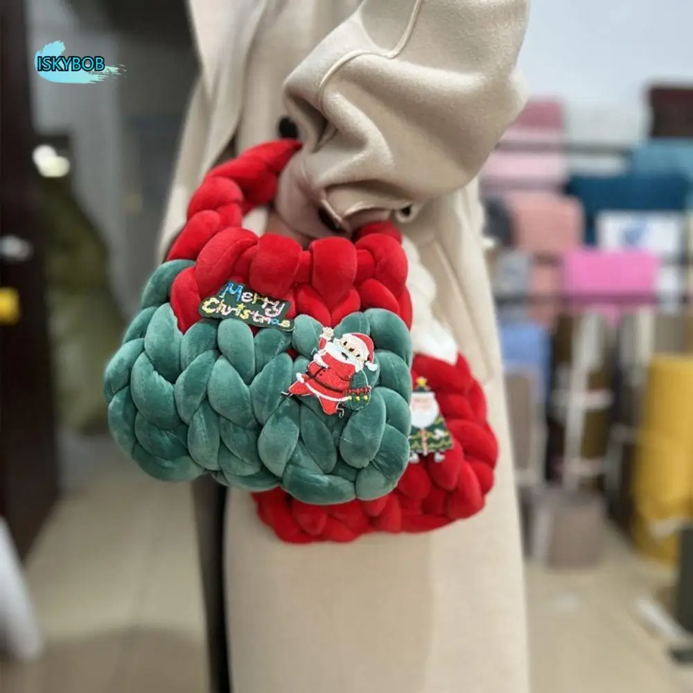 Coarse Cotton Christmas Handbag Large Capacity Finished Product Knitted Storage Bag Cute Soft Chunky Knit Bag Christmas Gift