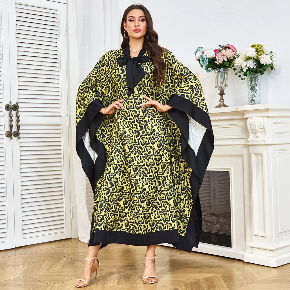 

New Fashion Leopard Print Robe Loose Large Sleeve Bow Tie Decorated Muslim Dress Women's Clothing Dubai Luxury Islam Elegant