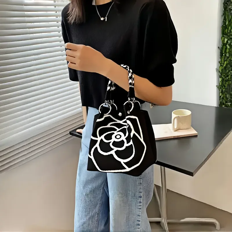 

Цельная женская вязаная сумка-тоут с цветочным принтом, черно-белая вязаная сумка с бриллиантами, повседневная и универсальная, большой вместительности