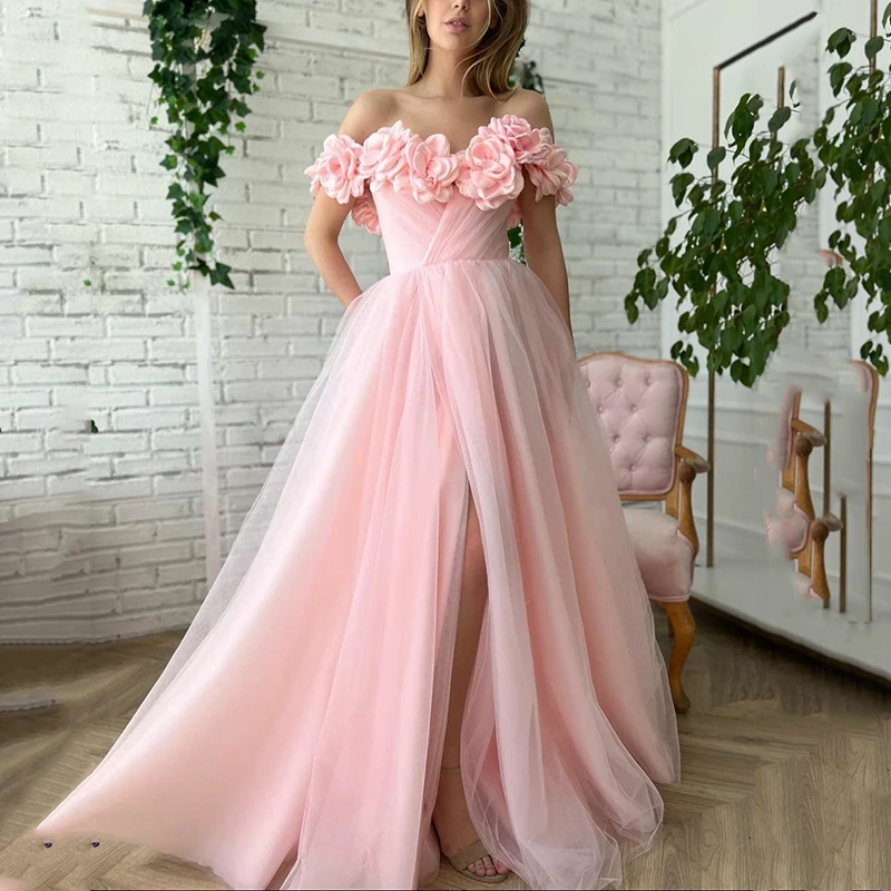 

HUNXIU Pink Handmade Flower Wedding Dresses Cap Short Sleeve A-Line Floor Length Tulle Silt Bridal Party Dress Custom Gowns