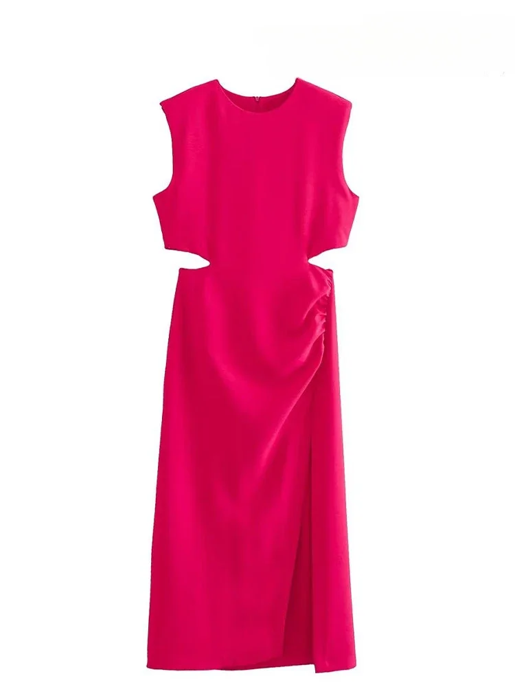 Jinia Elegante Rozerode Feestjurken Voor Dames Met Ruches Mouwloze Split-Uitgesneden Midi-Jurk Dames Streetwear Vestido Voor Woon-Werkverkeer