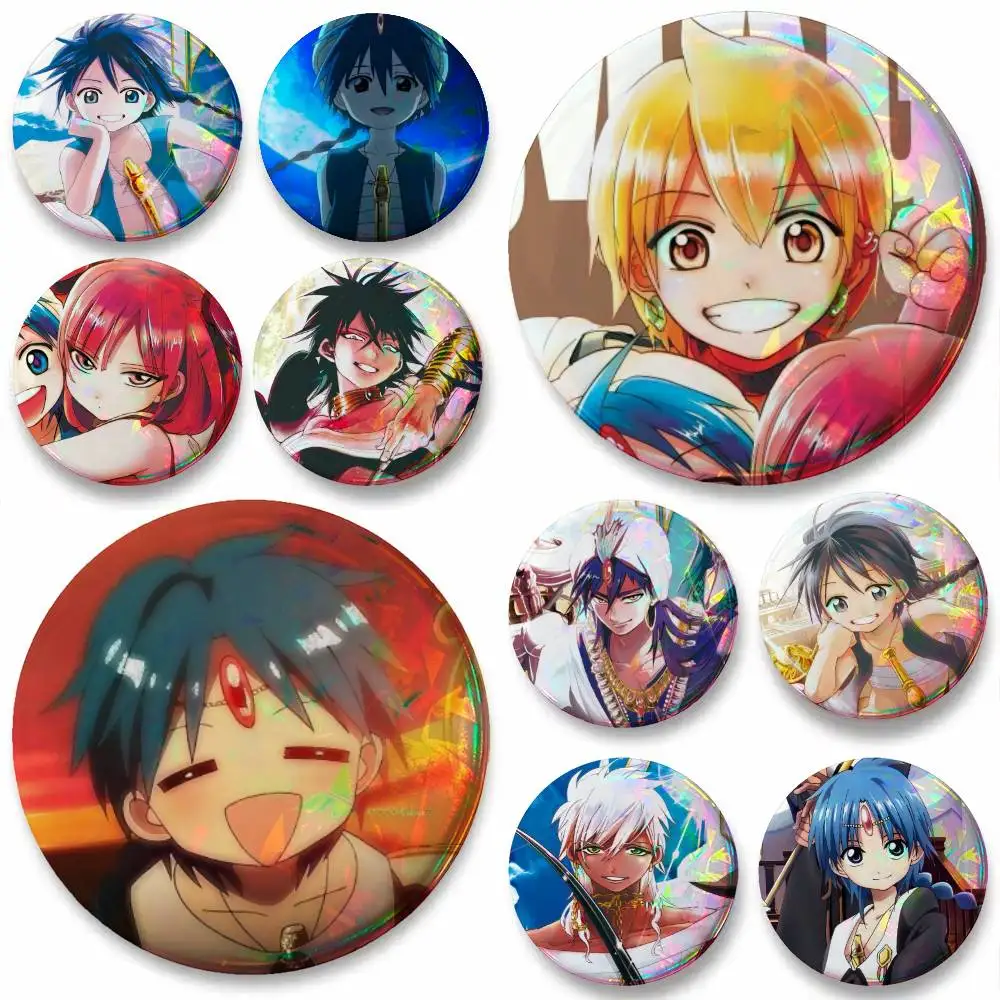 Funny Anime Magi The Labyrinth Of Magic Badge Tinplate Meme Round Brooch For Hat Bag Creative Lapel Jewelry Accessories Gifts