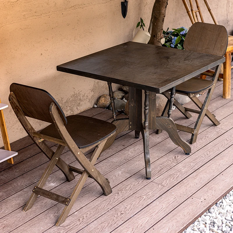 Solid wood multi-layer board square table old retro square balcony courtyard dining table and chairs