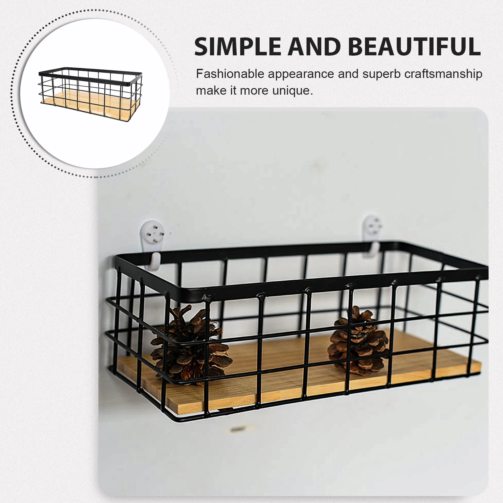 

Iron Storage Basket Black Wood Board 29x13x10cm Wall mounted Hollow Container ganizing Desktop Sundries Rack Home Storage