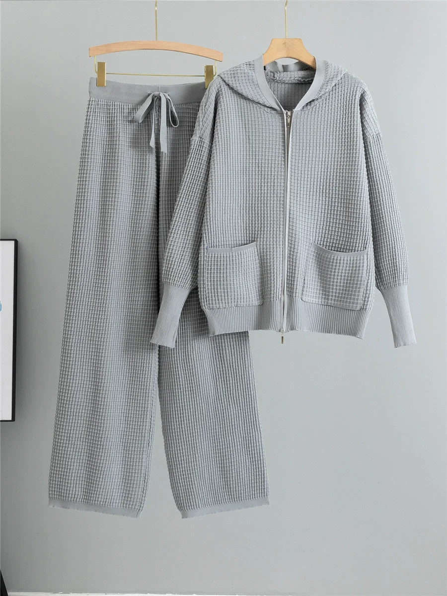 

Осенне-зимние вязаные комплекты из 2 предметов, женский свитер на молнии с капюшоном, кардиган, топы, Conjuntos, эластичные прямые брюки с высокой талией, наряд