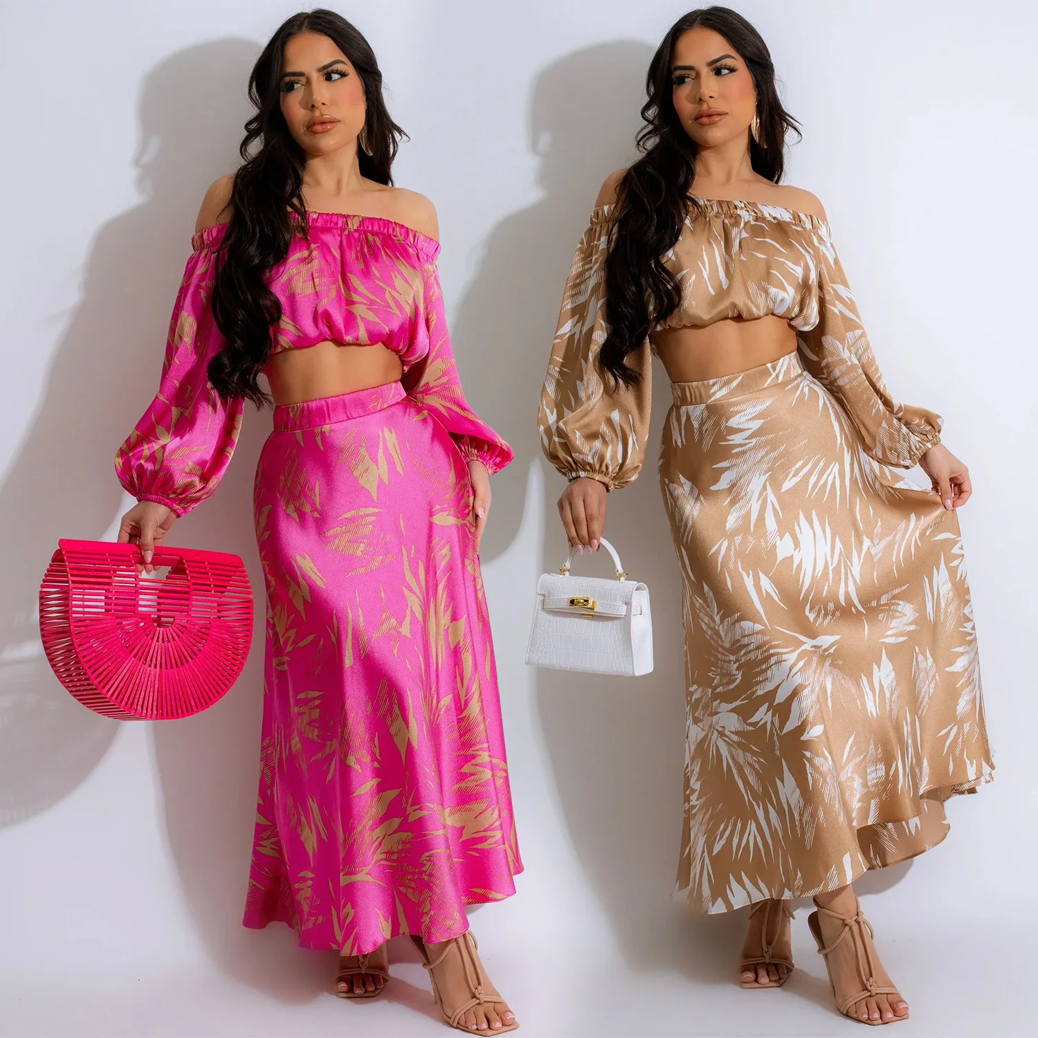 

C6881 Fashionable Women's Printed Sexy Long Sleeved Long Skirt With Crop Top Two-piece Set