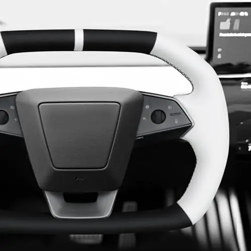 

White Artificial Leather Steering Wheel Cover With Black Stitching For Cybertruck 2023–2025 Diy Installation