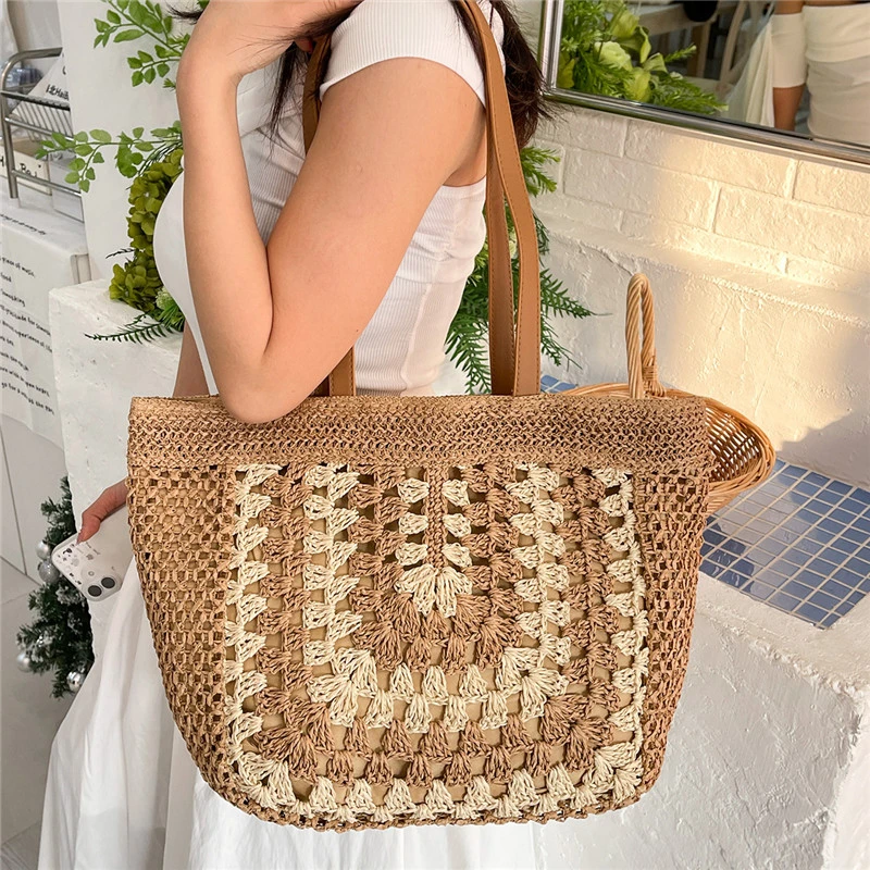 

Vintage Contrast Color Hollow Crochet Straw Bag Daily Use Beach Holiday Women's Tote Bags Sweet Large Capacity Woven Handbag