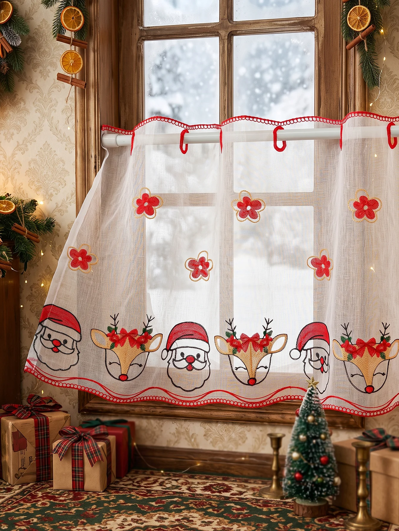 Embroidered Reindeer & Santa Christmas Lace Valance, Semi-Sheer Rod Pocket Window Valance with Red Scalloped Trim, Xmas Kitc