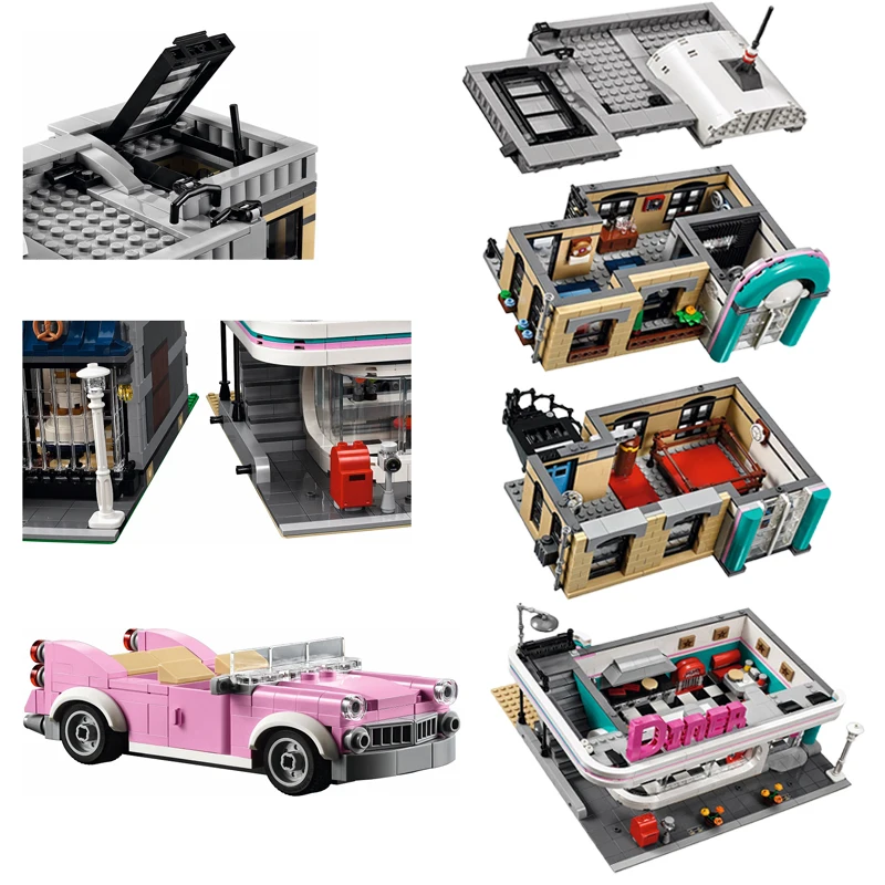 6 MINI Figures 2488PCS Downtown Diner Building Blocks Bricks Compatible 10260 15037 Education Kids Christmas Birthday Gifts Toy