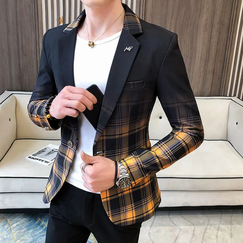 

2024 New Men's Blazer Fashion Colorblock Plaid Casual Suit Jacket Streetwear Wedding Business Party Clothing Dress Coats