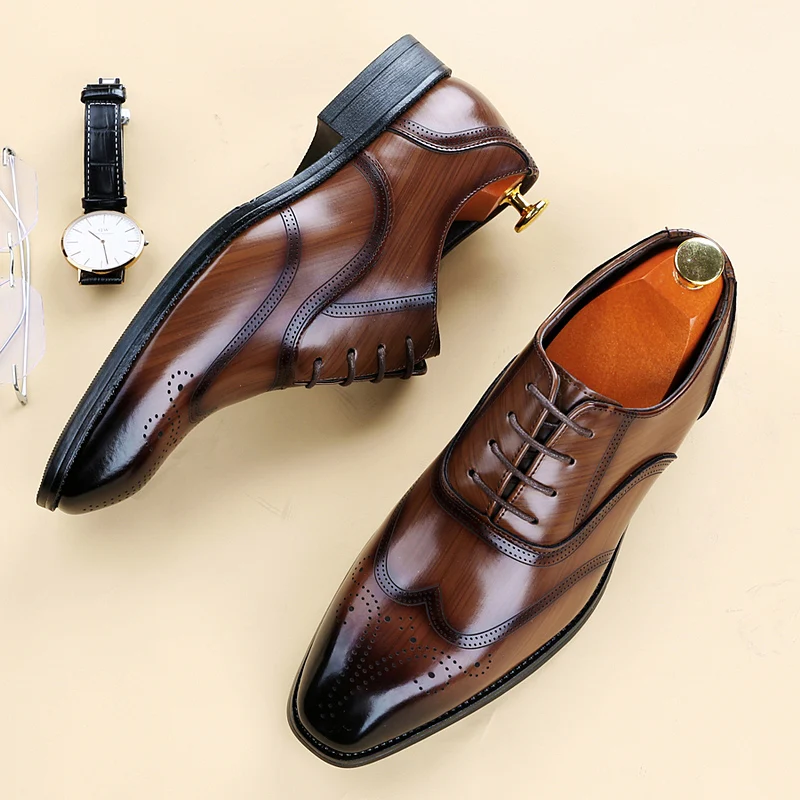 Luxury Brand Men\'s Glossy Leather Shoes Classic Brogue Shoes Lace Up Men\'s Office High-quality Business Shoes Big Size：38-48