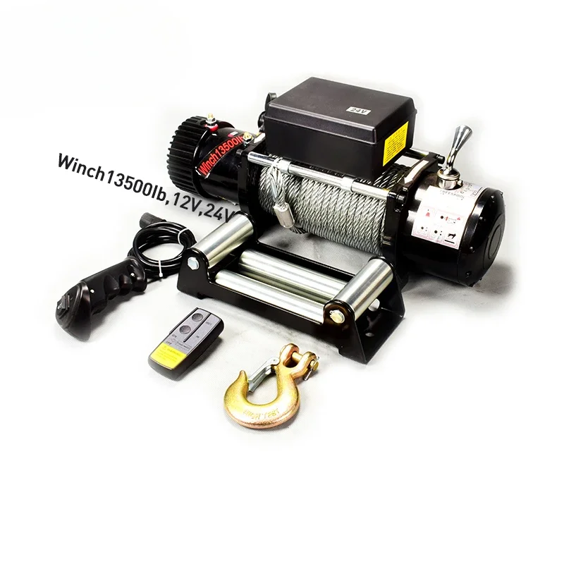 Electric winch 13500 5443 kg 9.5mm DC 12v 24v car wooden case 1 set black lifting cargo