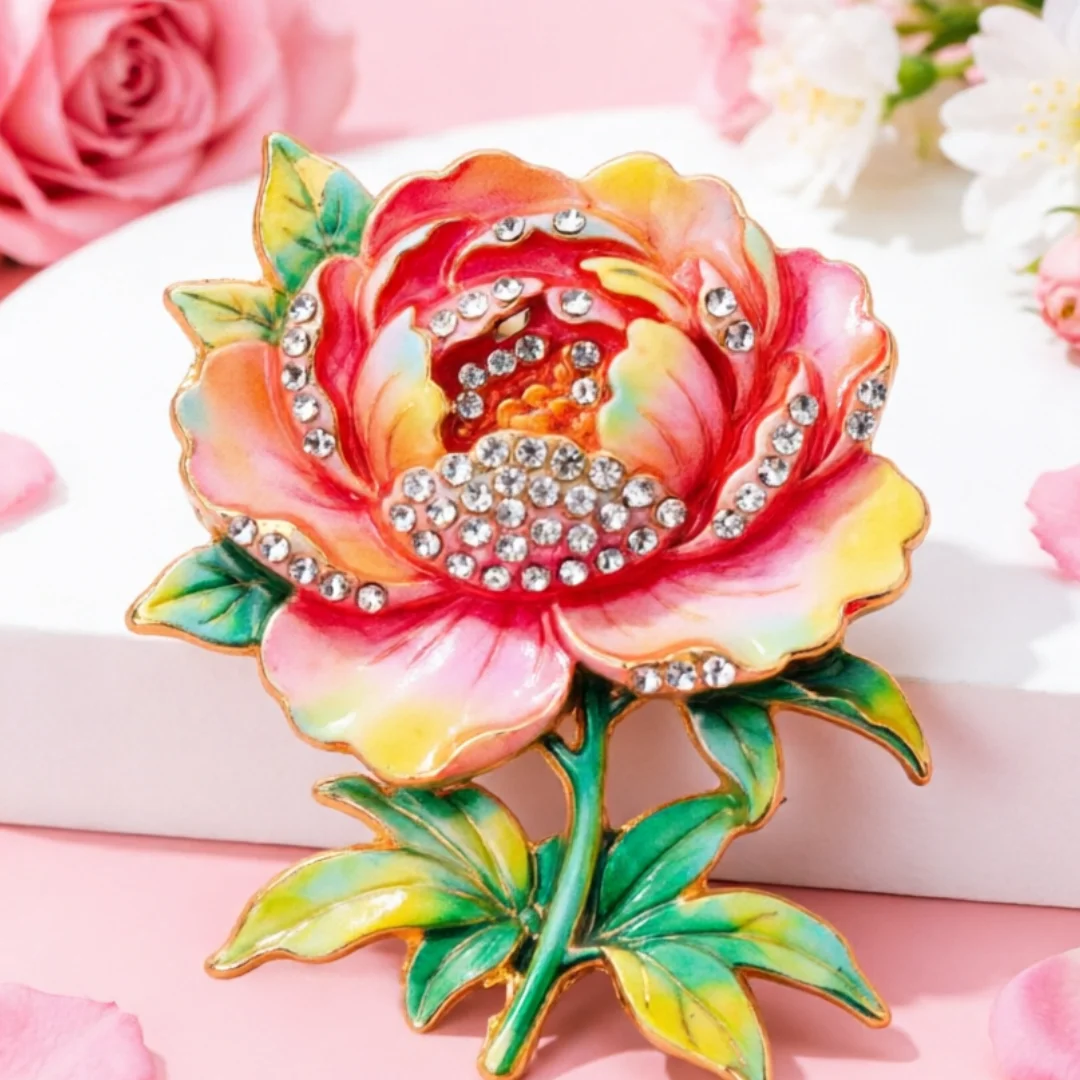 Enamel Peony Flower Brooch 4Pcs Rhinestone Crystal Lapel Pin Vintage Floral Badge Women Clothing Accessory Fashion Jewelry Gift