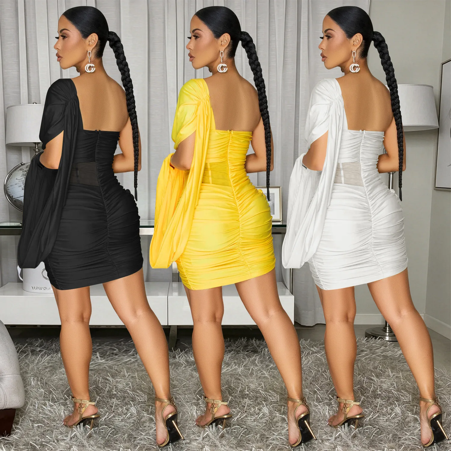 C78462026 New Women's One-shoulder, Off-the-shoulder, Pleated, Slim-fit, Elegant, And Figure-hugging Short Skirt Elegant Party