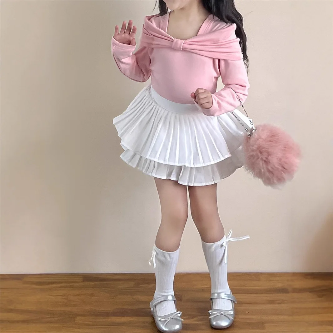 

Girls Spring and Autumn Sweet Design Pink Bow Top Anti-light Pleated Skirt Skirt Shoot Separately