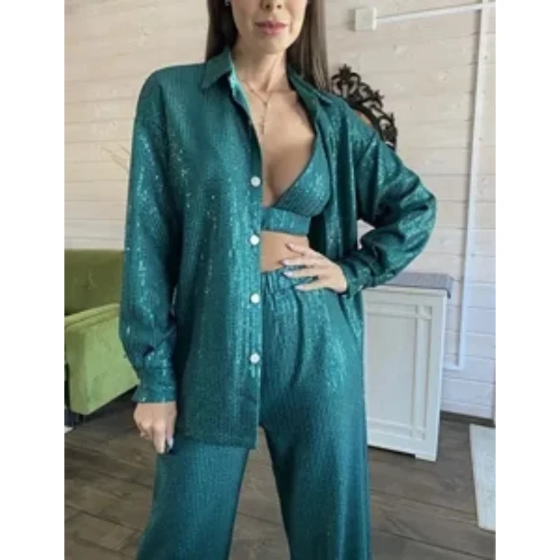 

Spring/Summer 2023 Party Outfit Women's Sequin Long Sleeved Blouse Blouse V-neck Vest Straight Pants Three Piece Suit