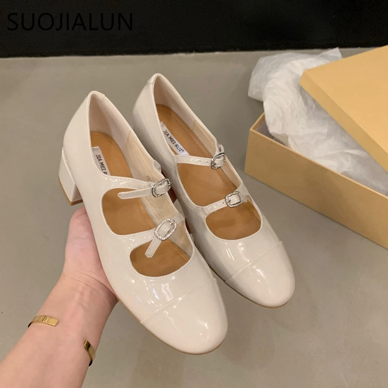 SUOJIALUN 2023 Autumn Women Square Low Heel Pumps Shoes Fashion Round Toe Mary Jane Ballerinas Flat Heel Casual Ballet Shoes