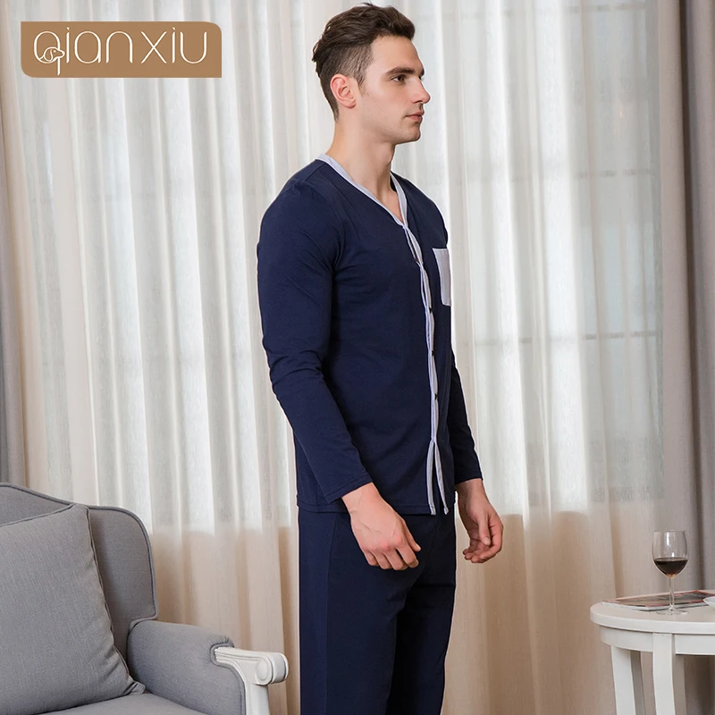 Pijama azul oscuro de algodón para hombre, traje de manga larga con cuello redondo, ropa de dormir, camisón, primavera y otoño