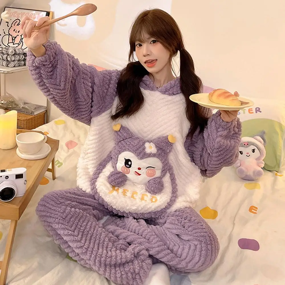 

2Pcs Kawaii Kuromi Women Plush Pajamas Set Sanrio Autumn Winter Thicken Hooded Homeclothes Girls Thicken Cute Cartoon Tops Pants