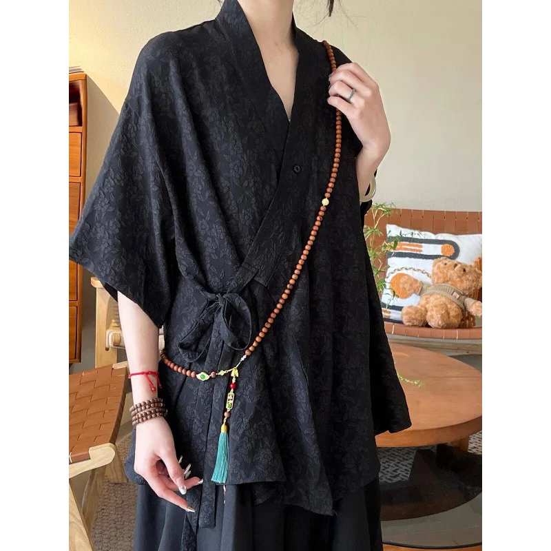 

Японская рубашка в стиле Харадзюку для мужчин, мешковатая блузка с воротником с лацканами, уличная одежда с рукавами 3/4, топ с боковыми разрезами, минималистичный дизайн