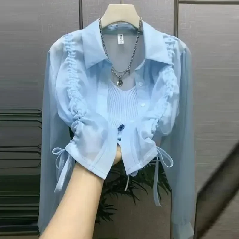 Women Blouses Drawstring Short Sunscreen Loose Long Sleeve Tops Camisa Feminina Casual Blusas Mujer Perspective Gauze Shirt