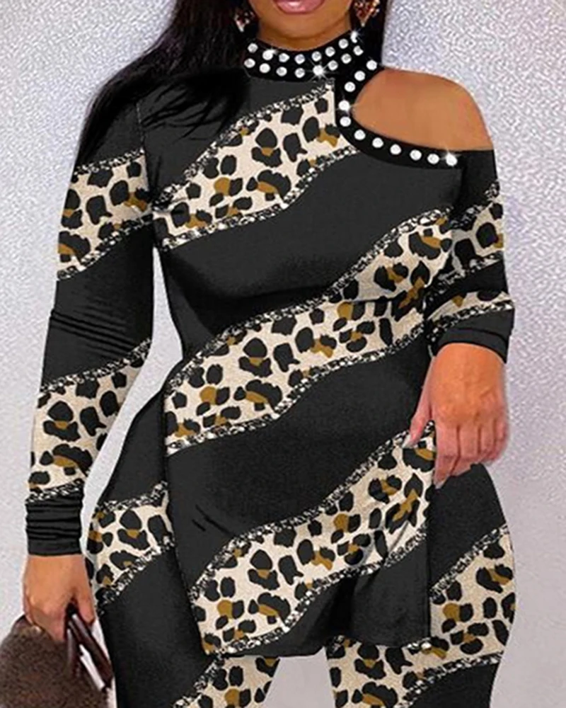 Elegant 2-Piece Sets for Women Large Leopard Print Diamond Collar Top+Leggings Set for Women