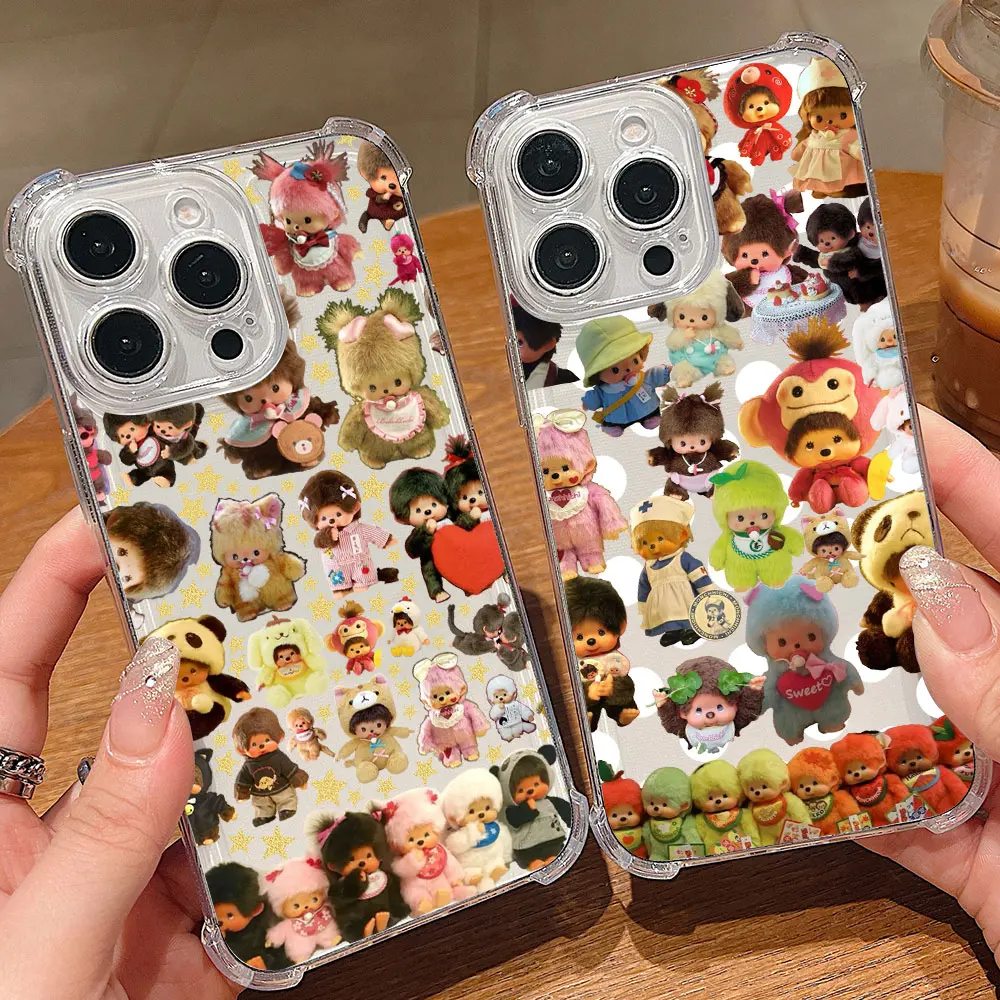 Новый чехол для телефона Monchhichis с милой мультяшной куклой для iPhone 16, 15, 14, 13, 12, 11, Mini Pro Max X XR XSMax 7, 8 Plus, прозрачный, с защитой от падения