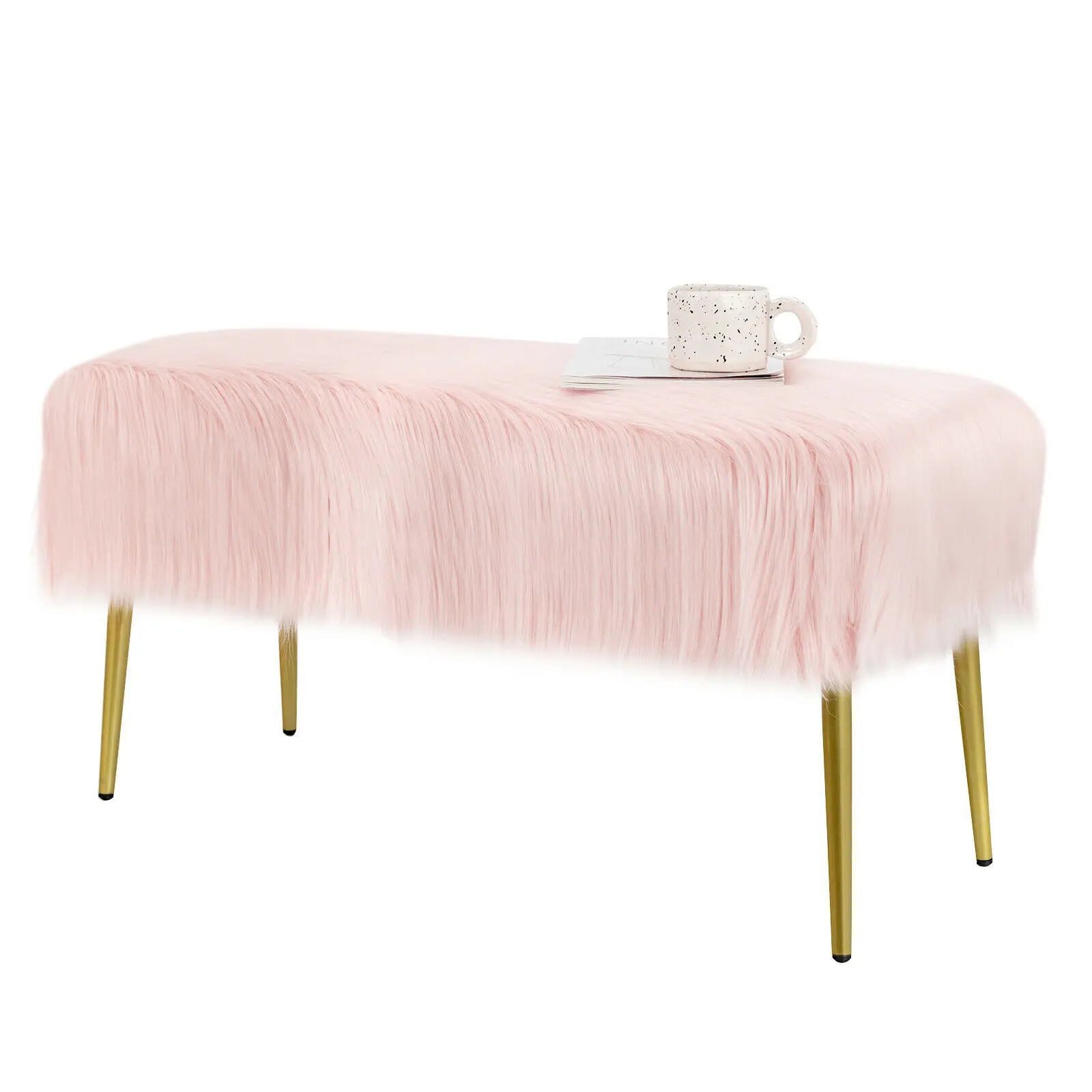 

Costway Faux Fur Ottoman Bench Modern Vanity Bench Stool w/ Golden Legs Pink