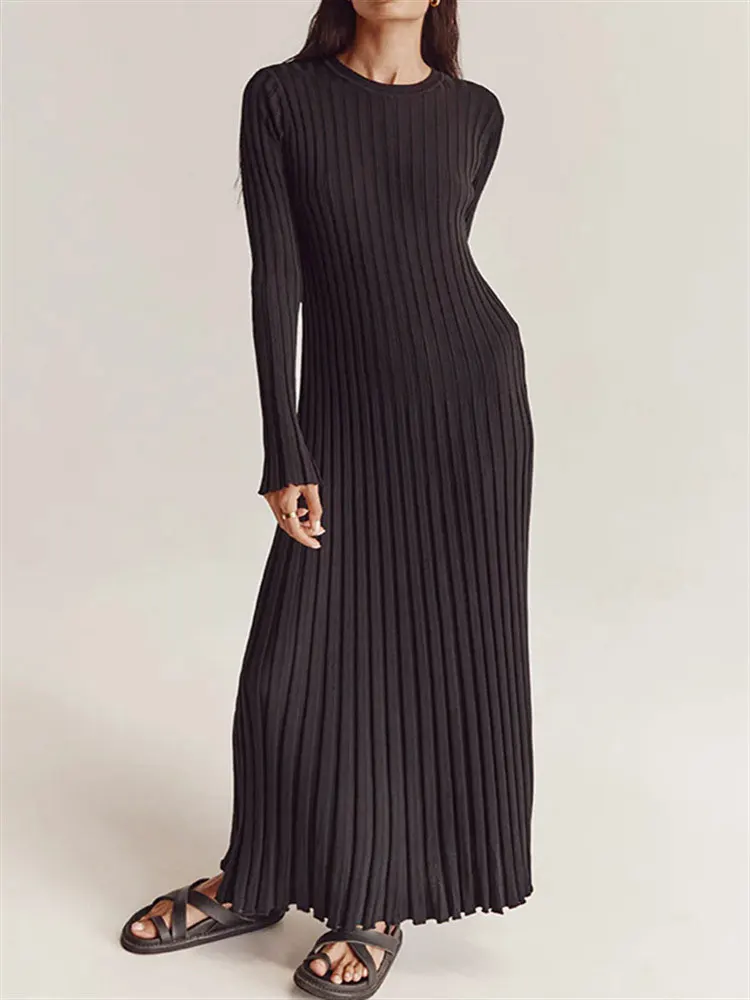 2023 Autumn Women\'s Elegant Knitted Sweater Dress O-Neck Long Sleeve Slim Fit Pit Stripe Dress Celebrity Evening Party Vestidos