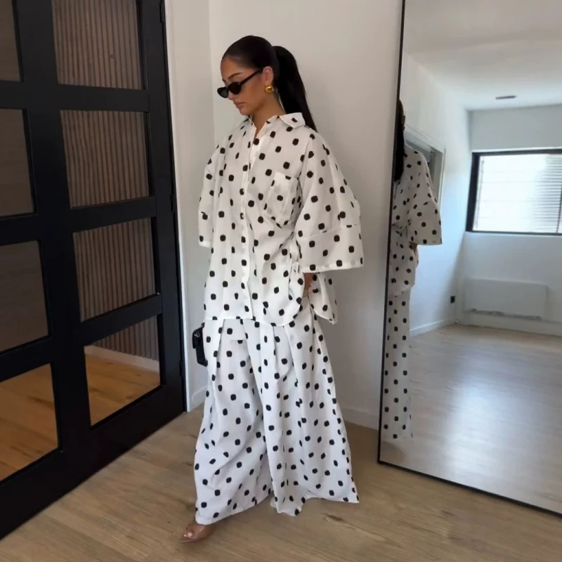 2026 Autumn Fashion Polka Dot Shirt Pants Set Elegant Lapel Three Quarter Top Wide Leg Trousers Vacation Lady Outfit Suit view 2