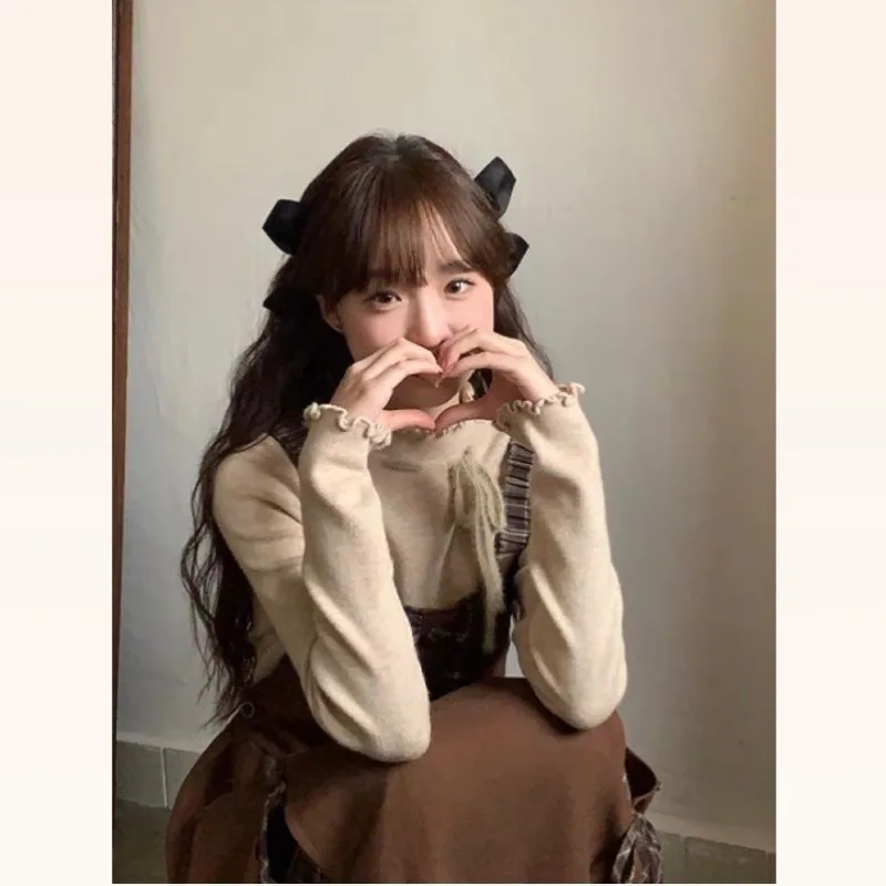 Harajuku Autumn Fungus Edge O Neck Long Sleeve Basic Shirts Y2k High Street All Match Casual Bow Design Pullover Slim Solid Tops